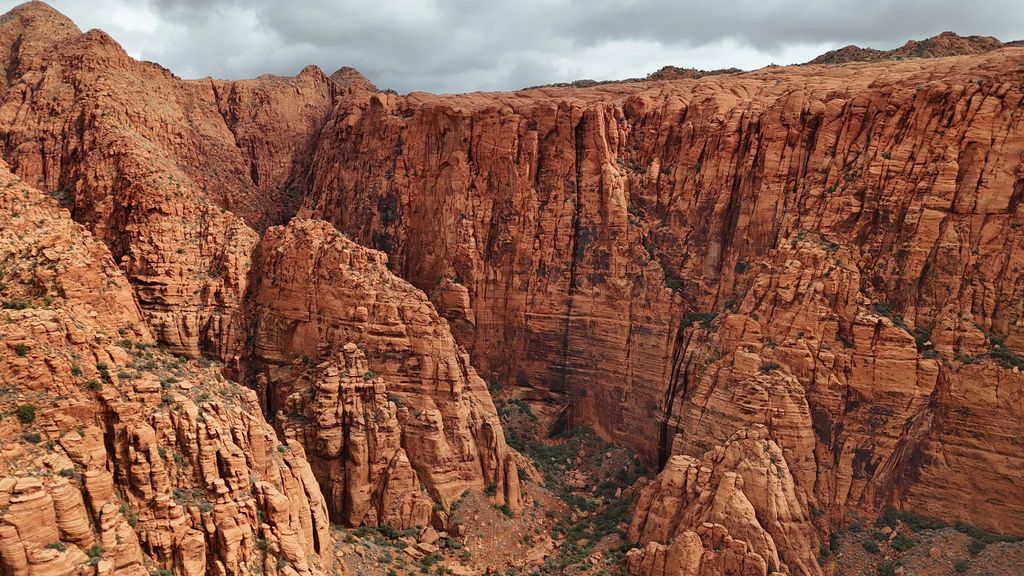 Aerial view of red sandstone cliffs in Snow Canyon near Ivins, Utah